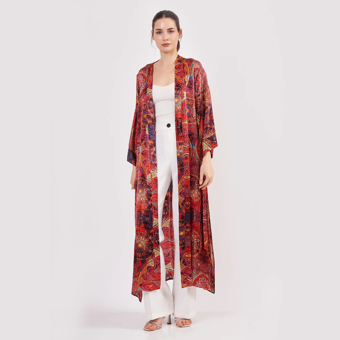 %100 İpek Kimono Kaftan | Kırmızı Mandala Desen | Nomads Felt