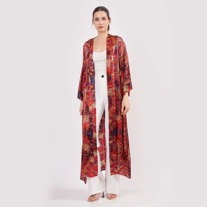 %100 İpek Kimono Kaftan | Kırmızı Mandala Desen | Nomads Felt