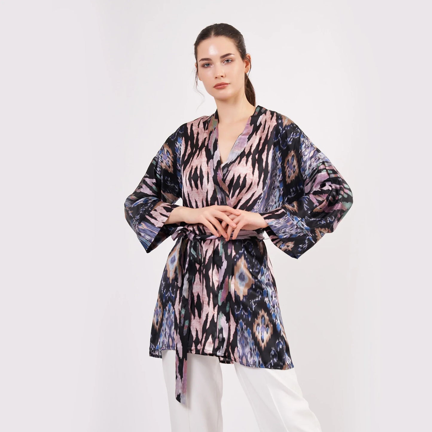 Saf İpek Kısa Kimono Kaftan | Ikat Desen 7 | Nomads Felt