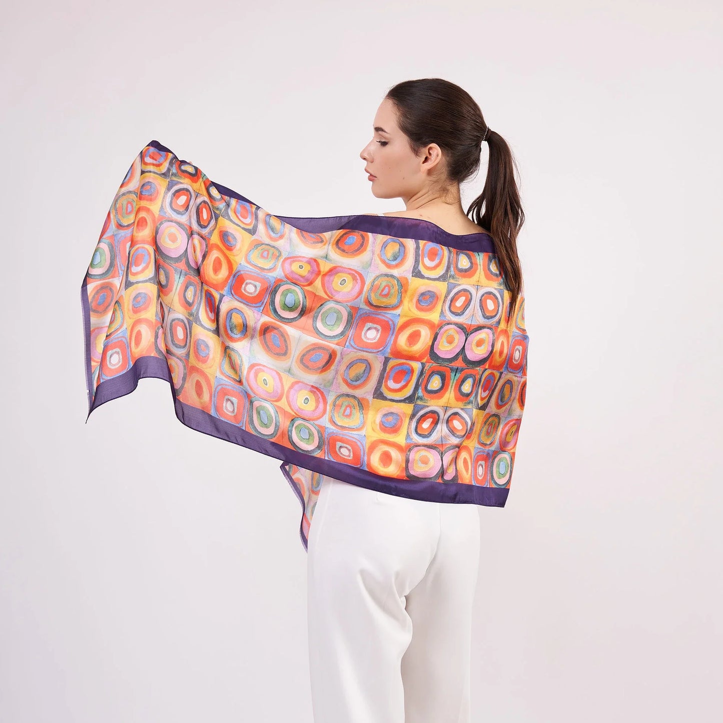 Vual İpek Fular | 55x180 cm | Mor Kandinsky Squares with Concentric Circles | Nomads Felt