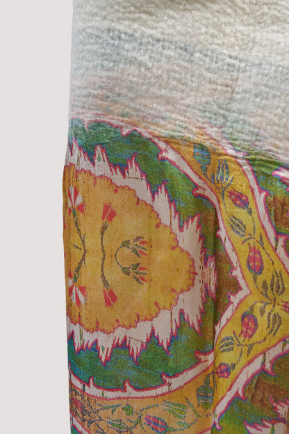 Sarı Osmanlı Motif Desenli İpek Keçe Şal