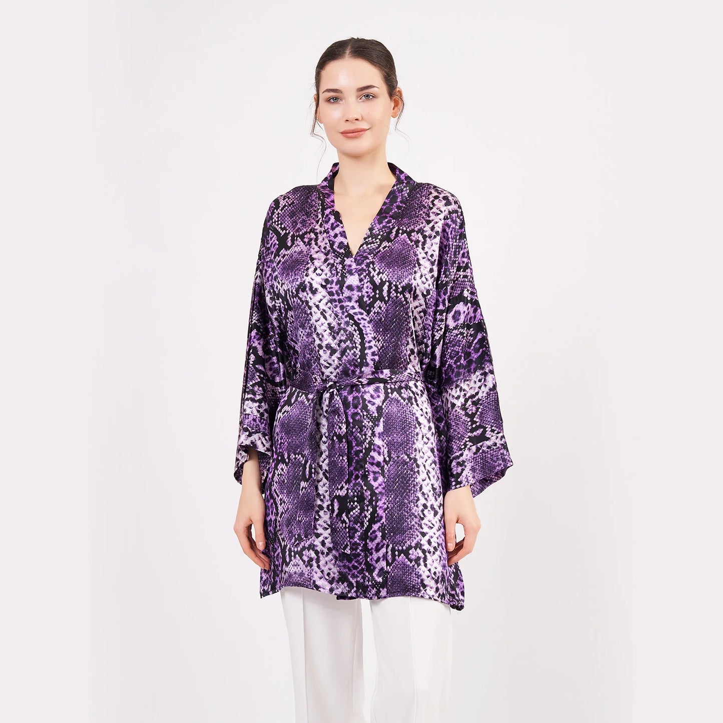 Saf İpek Kısa Kimono Kaftan | Yılan Derisi Desen Mor | Nomads Felt