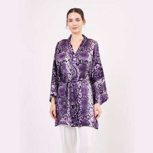 Saf İpek Kısa Kimono Kaftan | Yılan Derisi Desen Mor | Nomads Felt