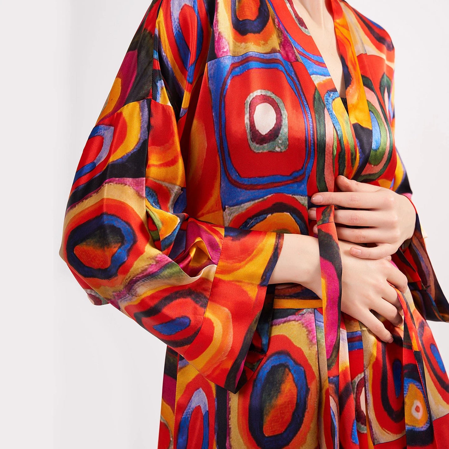 %100 İpek Uzun Kimono Kaftan | Kandinsky Squares with Circles | Nomads Felt