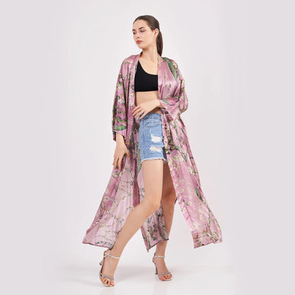 100% İpek Uzun Kimono Kaftan | Pembe | Van Gogh Badem Ağacı | Nomads Felt