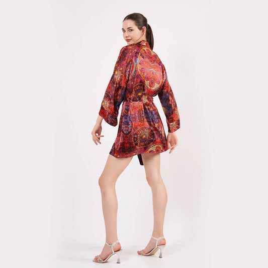 Saf İpek Kısa Kimono Kaftan | Mandala Desen Kırmızı | Nomads Felt