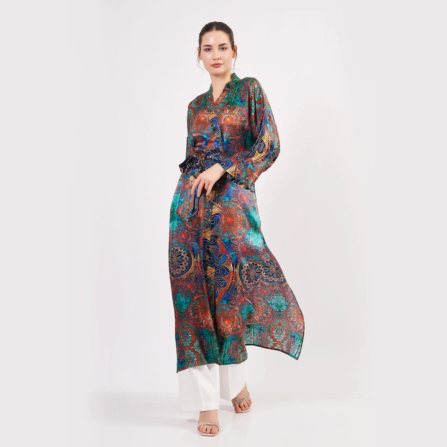 Saf İpek Uzun Kimono Kaftan | Yeşil Mandala Desen 4 | Nomads Felt