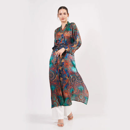Saf İpek Uzun Kimono Kaftan | Yeşil Mandala Desen 4 | Nomads Felt