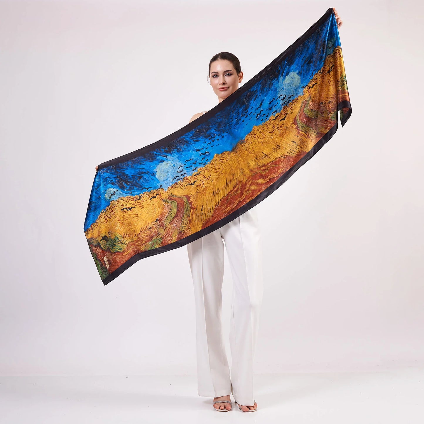 Saf İpek Fular | 55x180 cm | Van Gogh Wheatfield with Crows | Nomads Felt