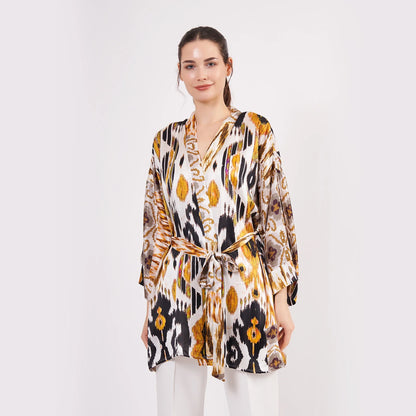 Saf İpek Kısa Kimono Kaftan | Ikat Desen 6 | Nomads Felt