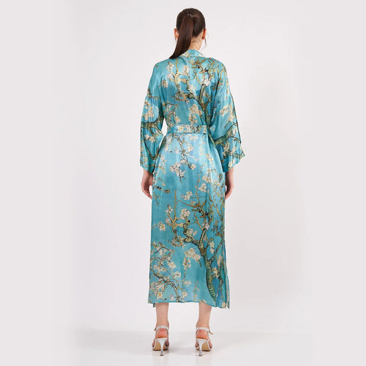 %100 İpek Uzun Kimono Kaftan | Turkuaz | Van Gogh Badem Ağacı | Nomads Felt