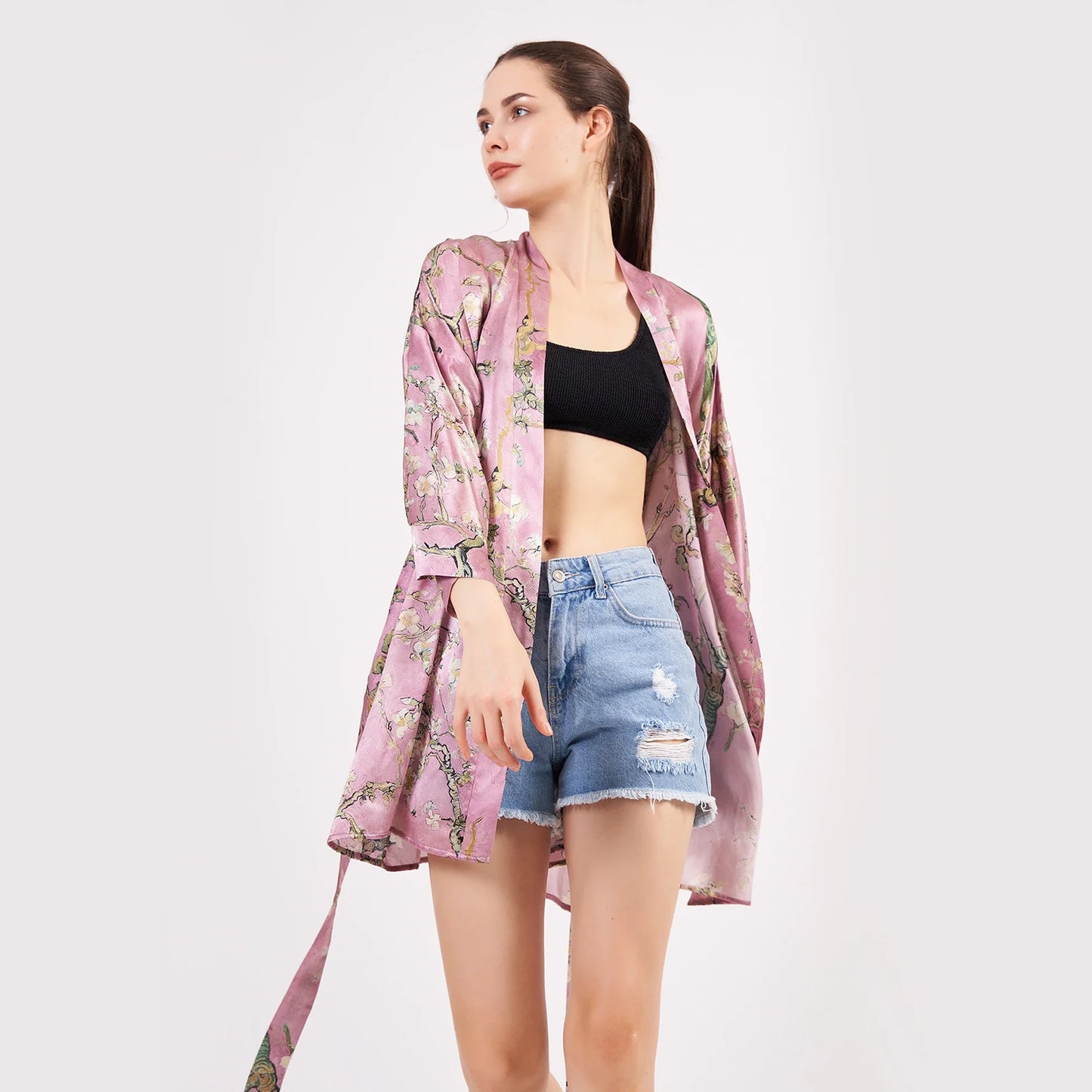 Saf İpek Kısa Kimono Kaftan | Van Gogh Badem Ağacı Pembe | Nomads Felt