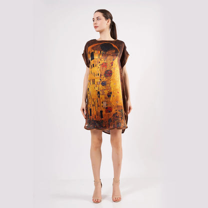 %100 İpek Kısa Elbise | Gustav Klimt The Kiss | Nomads Felt