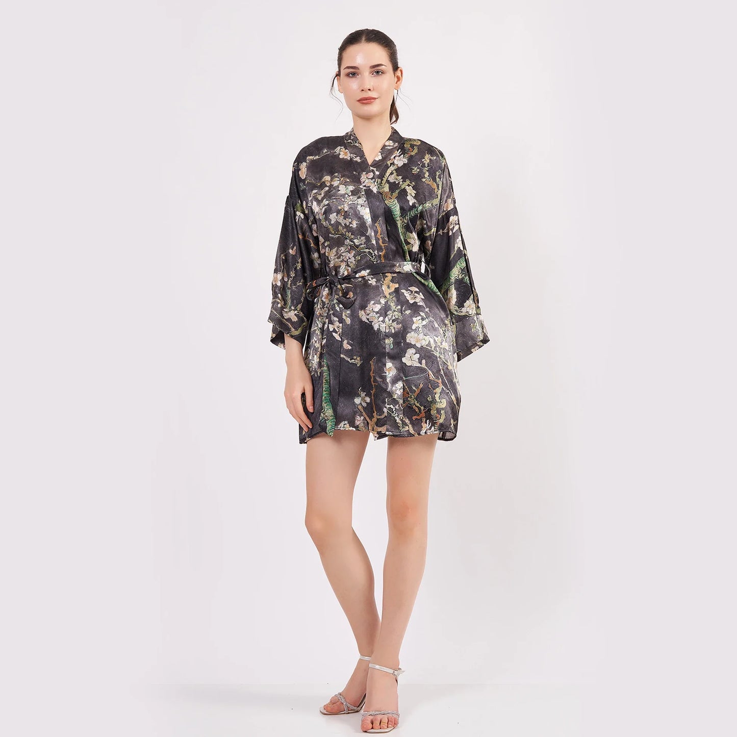 Saf İpek Kısa Kimono Kaftan | Van Gogh Badem Ağacı Antrasit | Nomads Felt