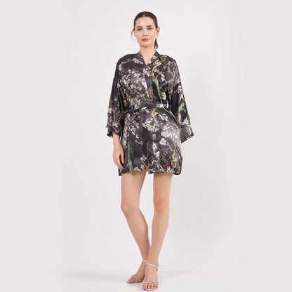 Saf İpek Kısa Kimono Kaftan | Van Gogh Badem Ağacı Antrasit | Nomads Felt
