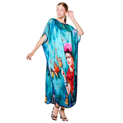 Mavi Frida Kahlo Butterfly Desenli İpek Elbise
