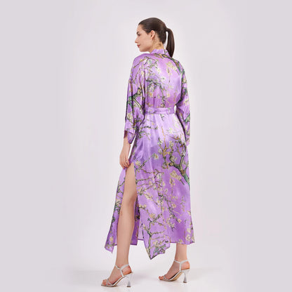 Saf İpek Uzun Kimono Kaftan | Mor Van Gogh Badem Ağacı | Nomads Felt