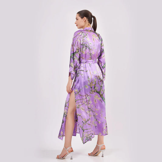 Saf İpek Uzun Kimono Kaftan | Mor Van Gogh Badem Ağacı | Nomads Felt