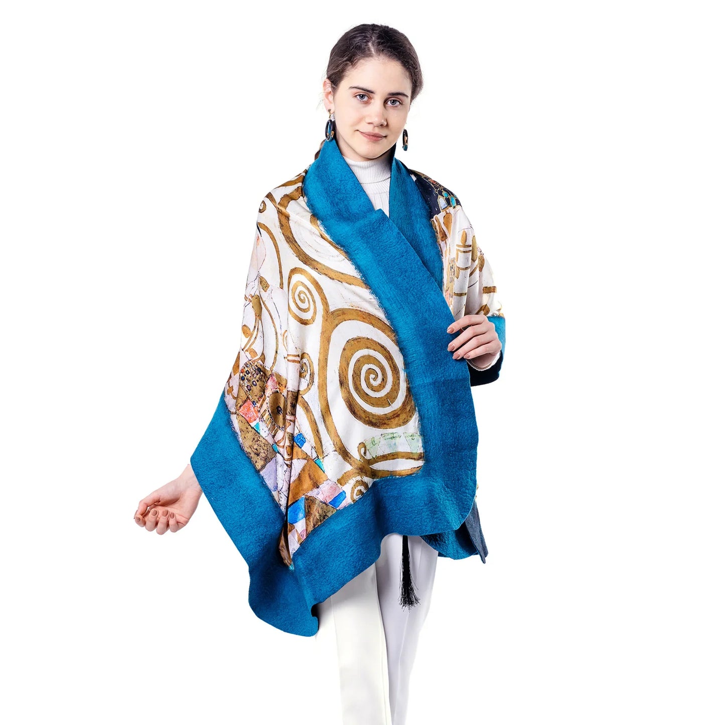 %100 İpek Keçe Şal | Mavi Lacivert Gustav Klimt Expectation | Nomads Felt