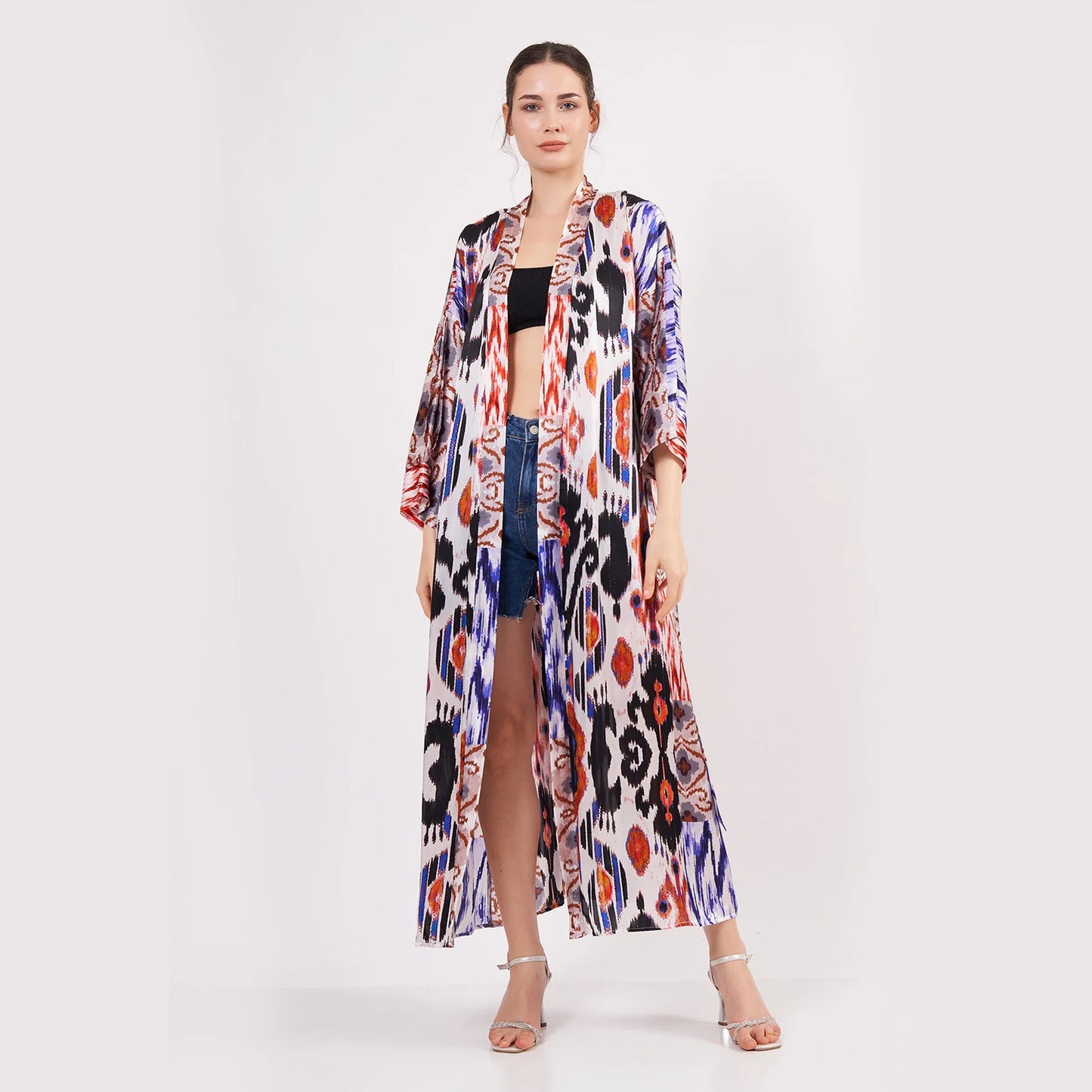 %100 İpek Uzun Kimono Kaftan | Ikat Desen 9 | Nomads Felt