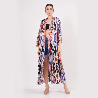 %100 İpek Uzun Kimono Kaftan | Ikat Desen 9 | Nomads Felt