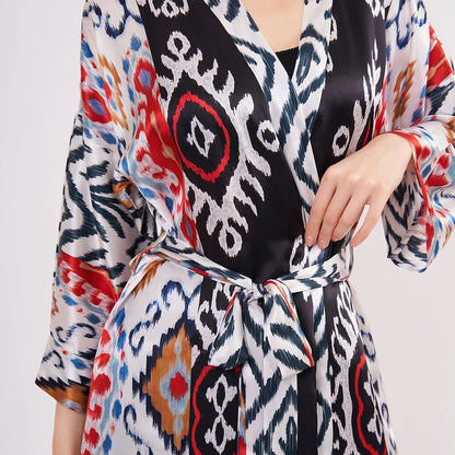 %100 İpek Uzun Kimono Kaftan | Ikat Desen 16 | Nomads Felt