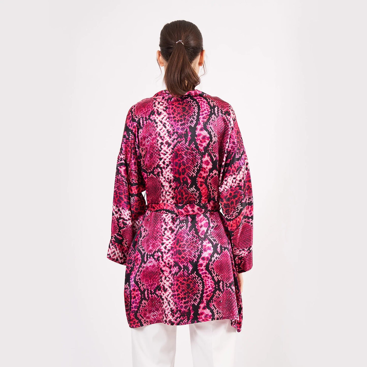 Saf İpek Kısa Kimono Kaftan | Yılan Derisi Desen Fuşya | Nomads Felt
