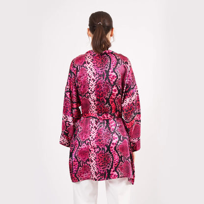 Saf İpek Kısa Kimono Kaftan | Yılan Derisi Desen Fuşya | Nomads Felt