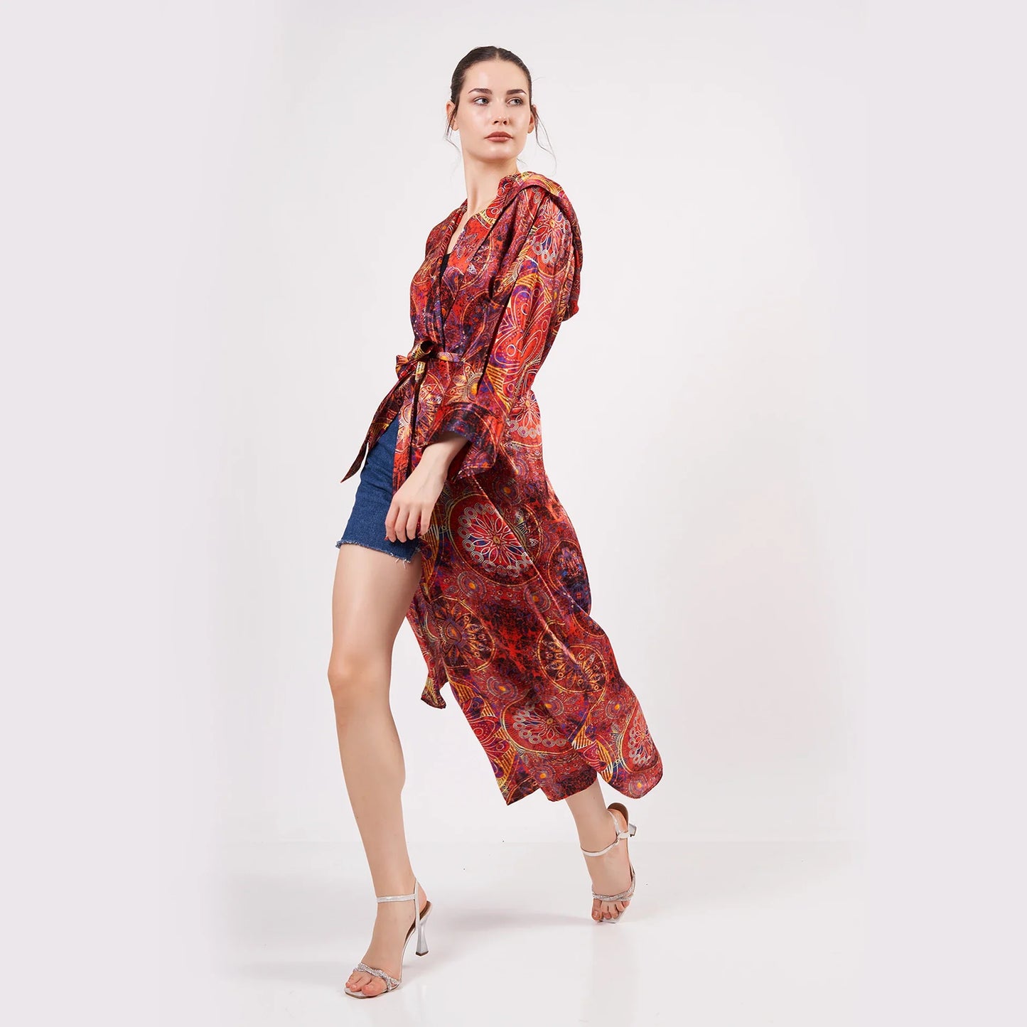 Saf İpek Kapüşonlu Kimono Kaftan | Mandala Desen Kırmızı | Nomads Felt