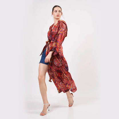 Saf İpek Kapüşonlu Kimono Kaftan | Mandala Desen Kırmızı | Nomads Felt