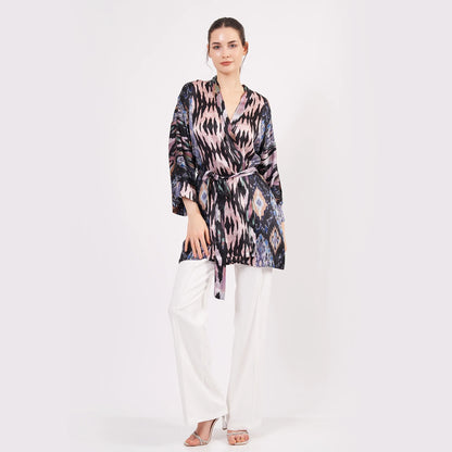 Saf İpek Kısa Kimono Kaftan | Ikat Desen 7 | Nomads Felt