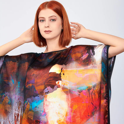 %100 İpek Uzun Elbise | Abstract Desen 2 | Nomads Felt