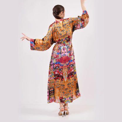 %100 İpek Uzun Kimono Kaftan | Çiçek Desen | Nomads Felt