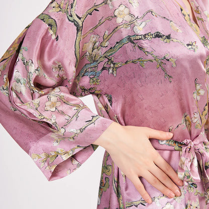 Saf İpek Kısa Kimono Kaftan | Van Gogh Badem Ağacı Pembe | Nomads Felt