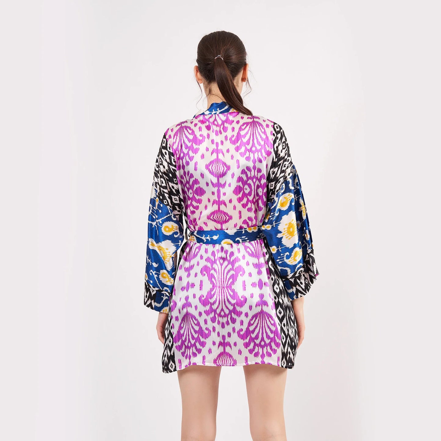 Saf İpek Kısa Kimono Kaftan | Ikat Desen 1 | Nomads Felt