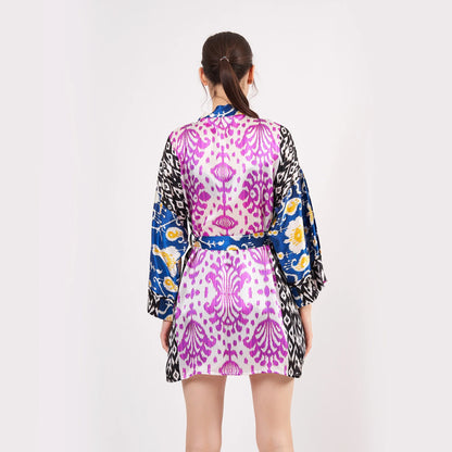 Saf İpek Kısa Kimono Kaftan | Ikat Desen 1 | Nomads Felt