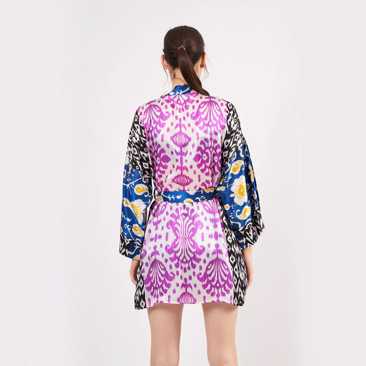 Saf İpek Kısa Kimono Kaftan | Ikat Desen 1 | Nomads Felt