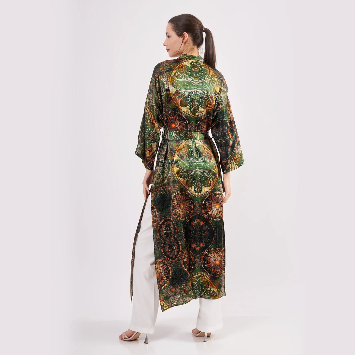 Saf İpek Kimono Kaftan | Mandala Desen | Haki