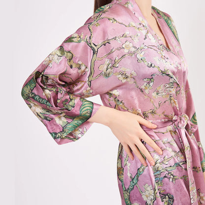 100% İpek Uzun Kimono Kaftan | Pembe | Van Gogh Badem Ağacı | Nomads Felt