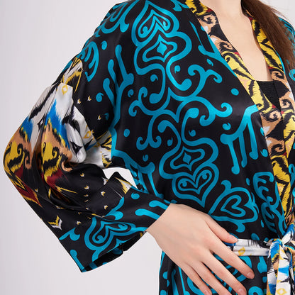 Saf İpek Kısa Kimono Kaftan | Ikat Desen 3 Turkuaz | Nomads Felt
