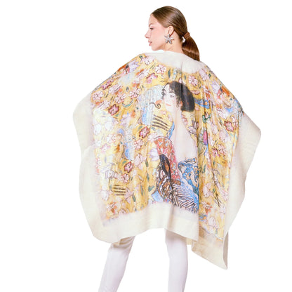 İpek-Keçe Panço | Beyaz Gustav Klimt Lady with Fan | Nomads Felt