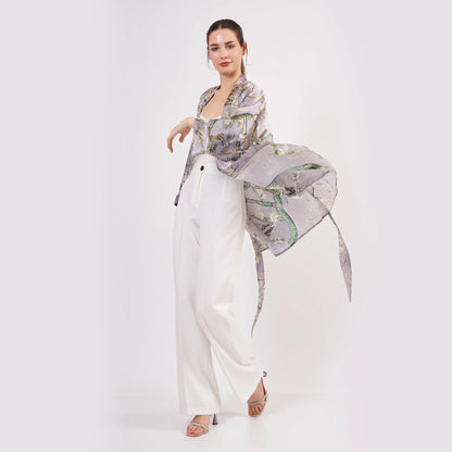 Saf İpek Kısa Kimono Kaftan | Van Gogh Badem Ağacı Gri | Nomads Felt