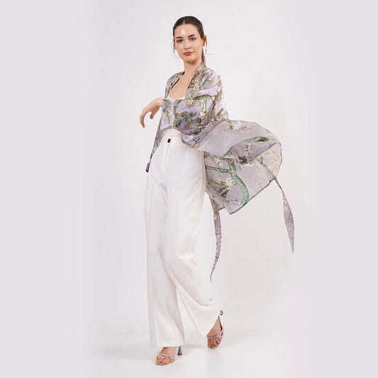 Saf İpek Kısa Kimono Kaftan | Van Gogh Badem Ağacı Gri | Nomads Felt