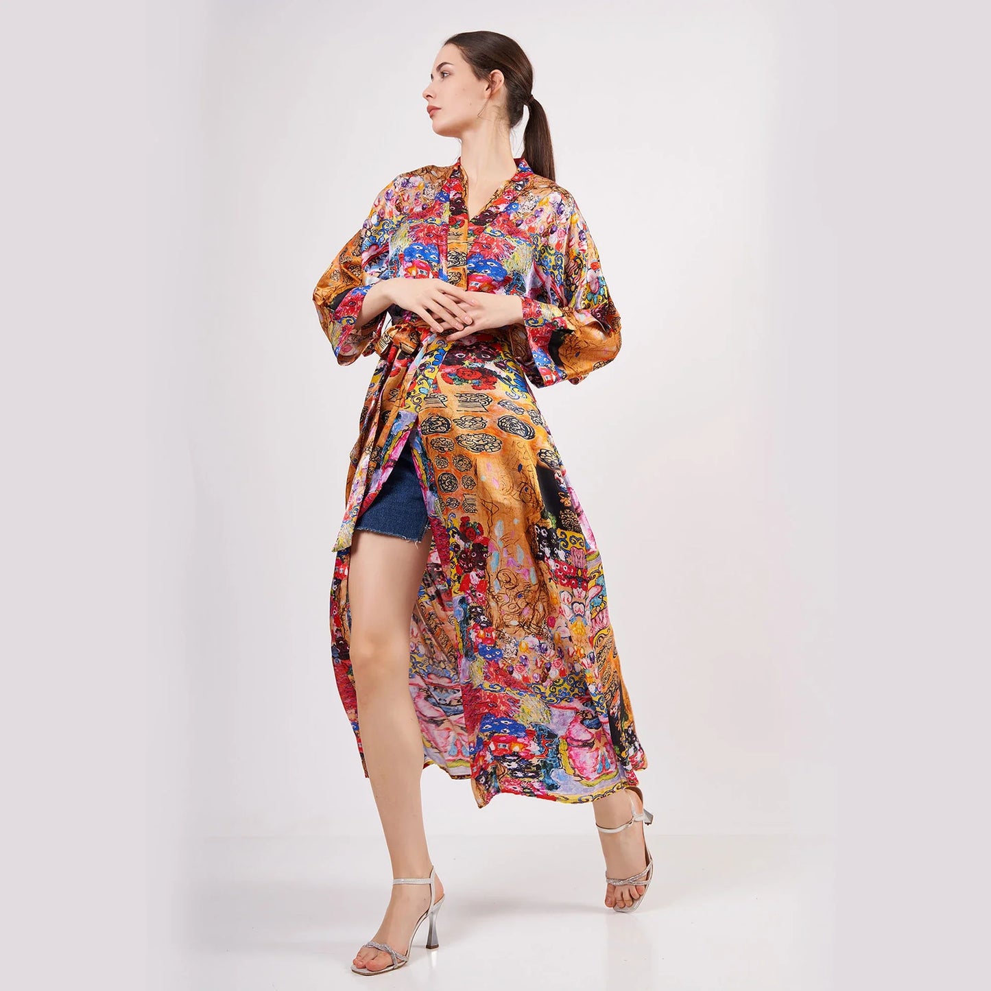 %100 İpek Uzun Kimono Kaftan | Çiçek Desen | Nomads Felt