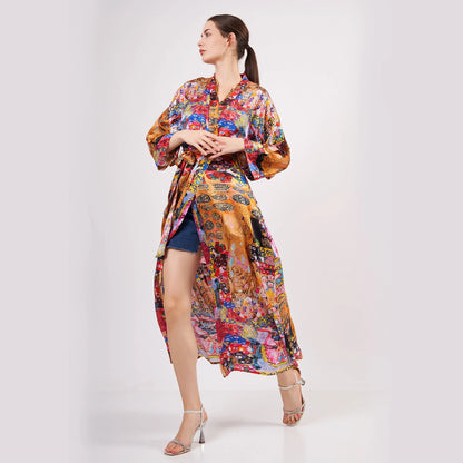 %100 İpek Uzun Kimono Kaftan | Çiçek Desen | Nomads Felt