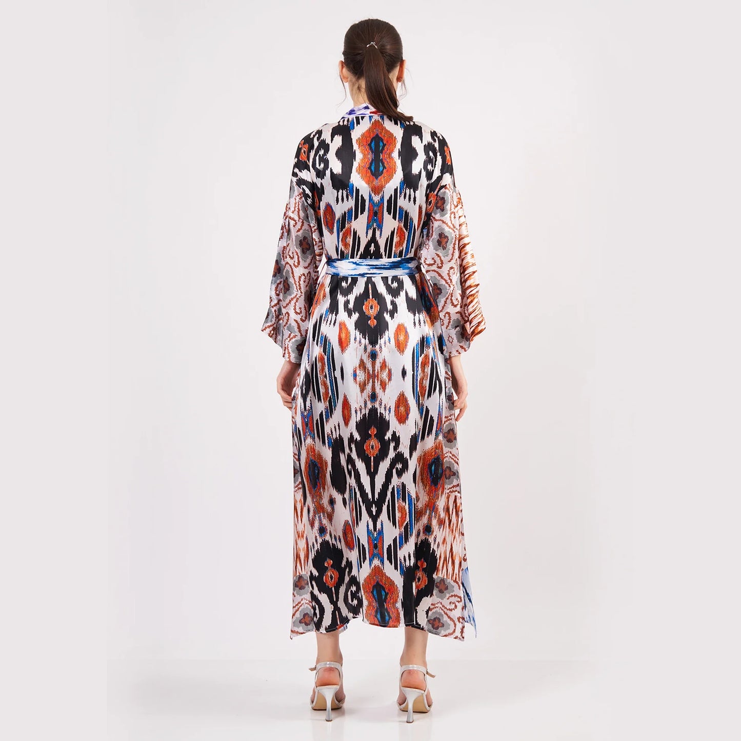 %100 İpek Uzun Kimono Kaftan | Ikat Desen 9 | Nomads Felt