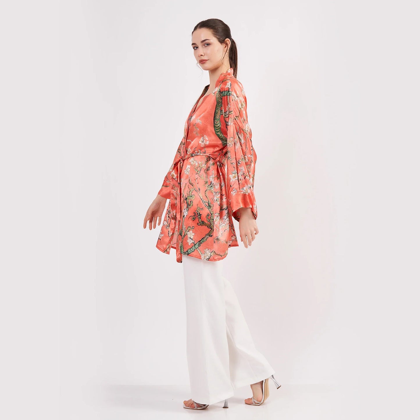 Saf İpek Kısa Kimono Kaftan | Van Gogh Badem Ağacı Nar Çiçeği | Nomads Felt