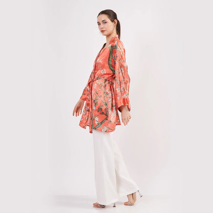 Saf İpek Kısa Kimono Kaftan | Van Gogh Badem Ağacı Nar Çiçeği | Nomads Felt