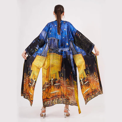 %100 İpek Uzun Kimono | Van Gogh Cafe Terrace at Night | Nomads Felt