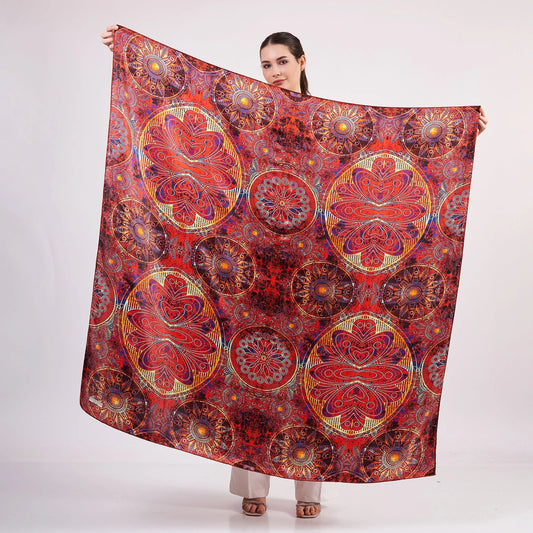 100% İpek Şal Fular | Mandala Desen | 140 cm | Kırmızı | Nomads Felt
